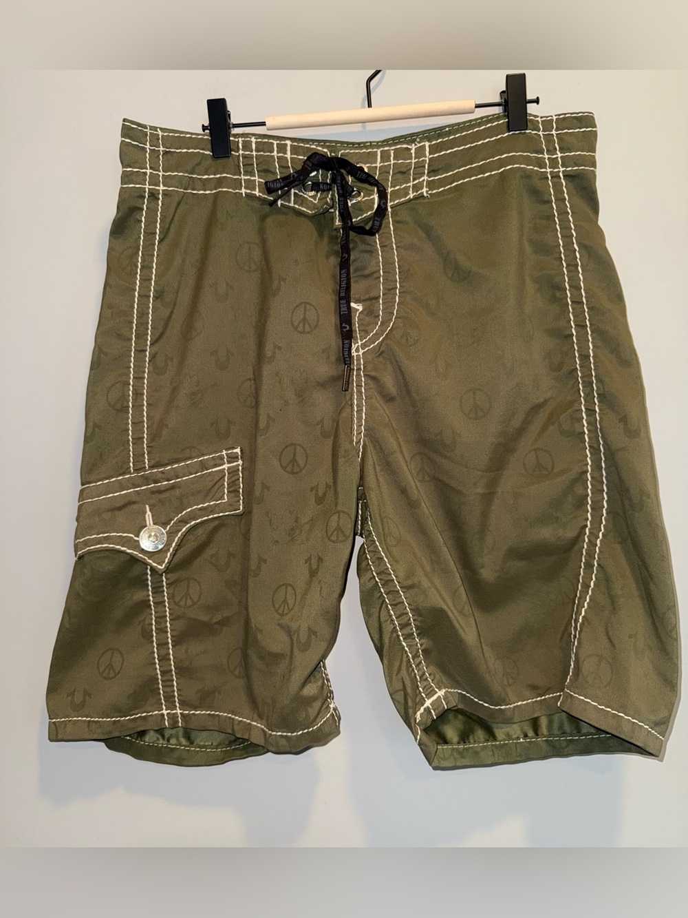 True Religion Olive Green Men's Swim Board Shorts with Contrast Stitching